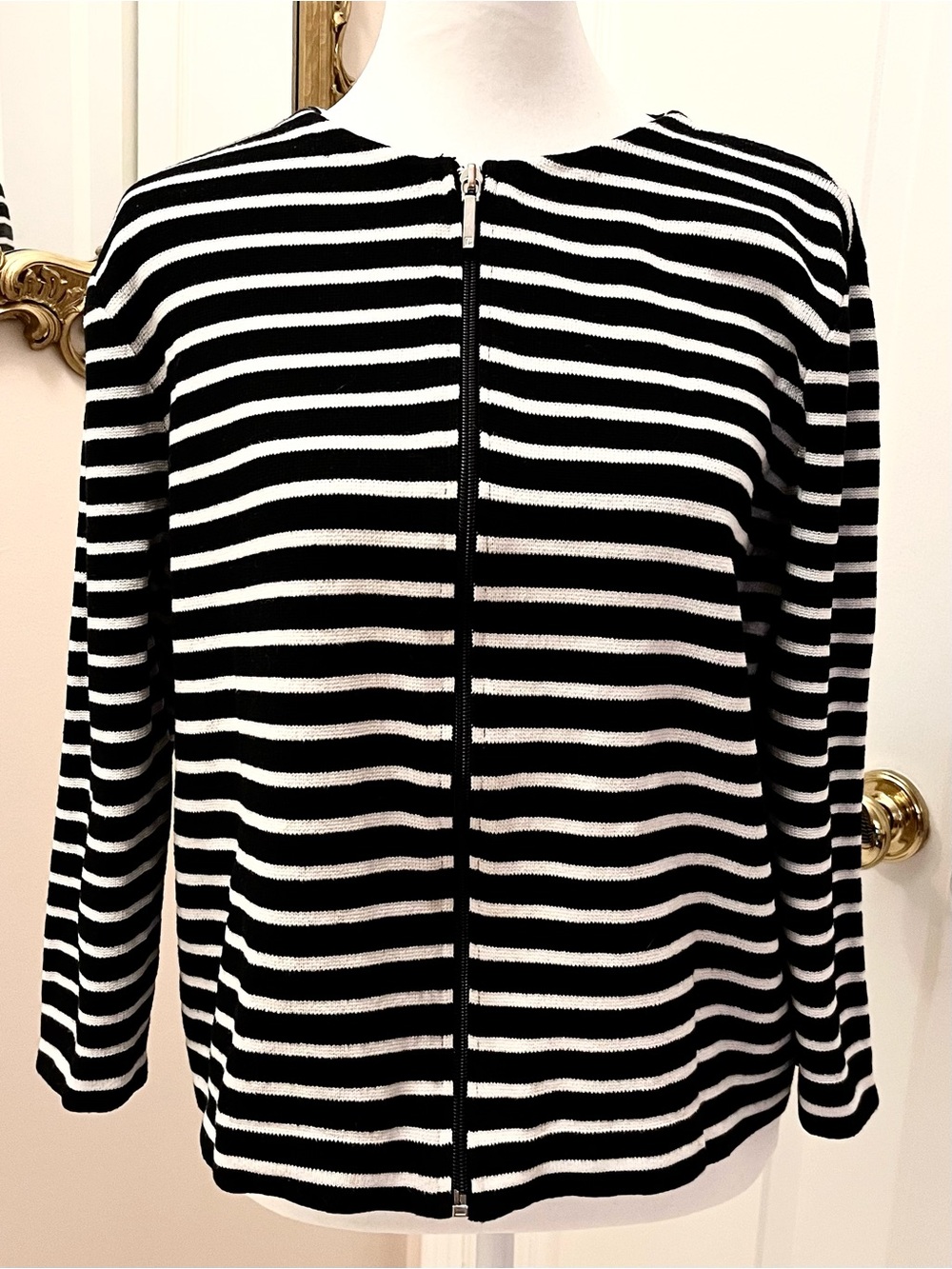 Chaps Striped Full Zip Knit Cardigan Sweater Black White L-XL